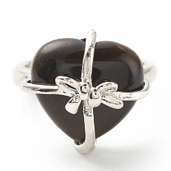 Obsidian Natural Obsidian Heart with Bowknot Adjustable Ring, Platinum Plated Brass Jewelry for Women, Cadmium Free & Lead Free, Inner Diameter: 16.7~21.2mm
