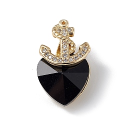 Black Real 18K Gold Plated Rack Plating Brass Micro Pave Clear Cubic Zirconia Pendants, with Glass, Long-Lasting Plated, Cadmium Free & Lead Free, Boat Anchor & Heart Charm, Black, 20x12x9mm, Hole: 6x2.5mm