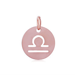 Libra 304 Stainless Steel Charms, Flat Round with Constellation/Zodiac Sign, Rose Gold, Libra, 12x1mm, Hole: 3mm