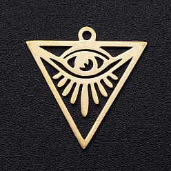 Golden 201 Stainless Steel Pendants, Filigree Joiners Findings, Laser Cut, Triangle with Eye, All Seeing Eye, Golden, 20x19.5x1mm, Hole: 1.4mm