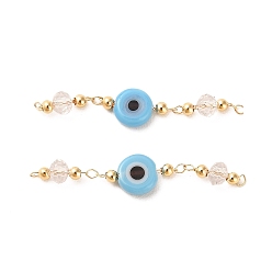 Light Sky Blue Handmade Evil Eye Lampwork with Glass Handmade Beaded Links Connectors, with Rack Plating Real 18K Gold Plated Brass Findings, Light Sky Blue, 36mm, Hole: 1mm