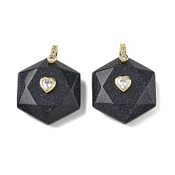 Blue Goldstone Synthetic Blue Goldstone Faceted Pendants, Hexagon Charms with Brass Pave Heart Clear Cubic Zirconia Findings, Golden, 38x28.5x13mm, Hole: 5.5x4.5mm