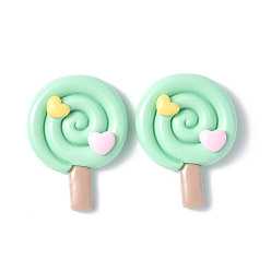 Pale Green Opaque Resin Cabochons, Lollipop with Heart, Pale Green, 34.5x26x8.5mm