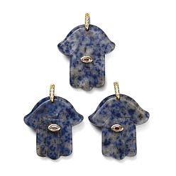 Blue Spot Jasper Natural Blue Spot Jasper Carved Pendants, Religion Hamsa Hand Charms, with Brass Pave Cubic Zirconia Findings, Golden, 36.5~39x33~35x8~9mm, Hole: 6.5x8mm