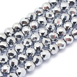 Platinum Plated Electroplate Non-magnetic Synthetic Hematite Beads Strands, Grade A, Vacuum Plating, Faceted, Round, Platinum Plated, 6mm, Hole: 1mm, about 73pcs/strand, 15.7 inch(40cm)