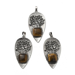 Тигровый глаз Большие квадратные подвески из натурального тигрового глаза, покрытие стойки антикварные посеребренные подвески в виде листьев из сплава, без кадмия и без свинца, 56.5x30x7 мм, отверстие : 6.5x5 мм