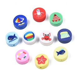 Mixed Color Summer Style Handmade Polymer Clay Beads, Flat Round with Ocean Theme Patterns, Mixed Color, 9.5~10x4.5mm, Hole: 1.8mm