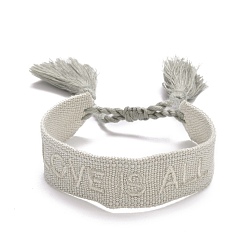 Antique White Word Love Is All Polycotton(Polyester Cotton) Braided Bracelet with Tassel Charm, Flat Adjustable Wide Wristband for Couple, Antique White, Inner Diameter: 2~3-1/8 inch(5~8cm)
