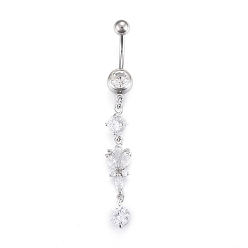 Platinum Piercing Jewelry, Brass Cubic Zirciona Navel Ring, Belly Rings, with 304 Stainless Steel Bar, Platinum, 62mm, Bar: 15 Gauge(1.5mm), Bar Length: 3/8"(10mm)