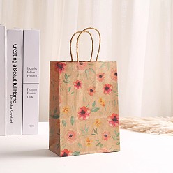 Light Coral Flower Printed Paper Shopping Bags with Handle, Gift Tote, Rectangle, Light Coral, 15x8x21cm, 10pcs/set
