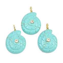 Turquoise Synthétique Pendentifs turquoise synthétiques, breloques conque avec apprêts en laiton micro-pavés de zircone cubique transparente, 33~34x22~23.5x10.5mm, Trou: 4.5mm