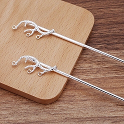 Silver Alloy Hair Stick Findings, with Loops, Branch, Silver, Pin Size: 120x2.5mm
