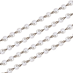 Creamy White Handmade Glass Pearl Beads Chains,with Glass Pearl Beads and Iron Eye Pin, Unwelded, Antique Bronze, Creamy White, 1000x8mm, about 76pcs/strand