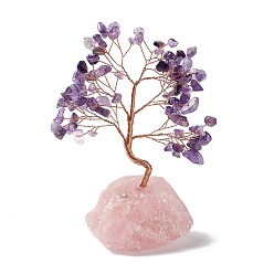 Amethyst Natural Amethyst Tree Display Decoration, Natural Rose Quartz Base Feng Shui Ornament for Wealth, Luck, Rose Gold Brass Wires Wrapped, 47~60x88~105x122~145mm