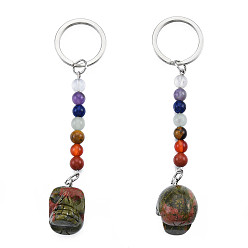 Unakite Natural Unakite Skull Pendant Keychain, Rainbow 7 Chakra Gemstone Beaded Yoga Keychain, for Women's Girls Healing Meditation Spiritual Gift, 10.7cm