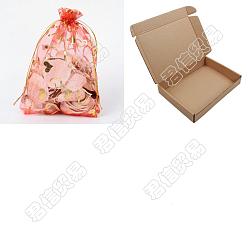 Red Organza Jewellery Storage Pouches, Wedding Favour Party Mesh Drawstring Gift Bags, Rectangle with Gold Stamping Heart Pattern, Red, 18x13cm, 100pcs/box