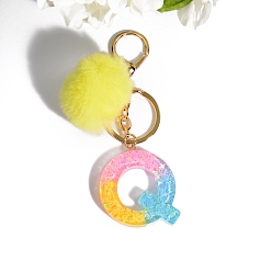 Letter Q Resin Keychains, Pom Pom Ball Keychain, with KC Gold Tone Plated Iron Findings, Letter.Q, 11.2x1.2~5.7cm