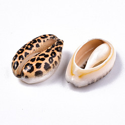 Sandy Brown Printed Natural Cowrie Shell Beads, No Hole/Undrilled, with Leopard Print Pattern, Sandy Brown, 18~22x13~14x6~8mm