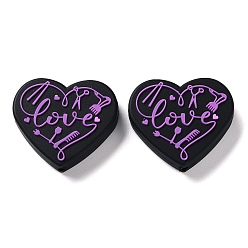 Dark Orchid Food Grade Heart with Word Love Silicone Focal Beads, for Beadable Pens DIY Nursing Necklaces Making, Dark Orchid, 27x30x7mm, Hole: 3mm