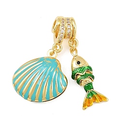 Sky Blue Brass Micro Pave Clear Cubic Zirconia Pendants, with Enamel, Shell Shape & Fish Charms, Rack Plating, Long-Lasting Plated, Lead Free & Cadmium Free, Real 18K Gold Plated, Sky Blue, 34mm, Hole: 3mm