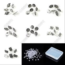 Mixed Shapes 28Pcs 7 Styles Tibetan Style Alloy Stud Earring Findings, with Loop & 30Pcs Plastic Ear Nuts, Mixed Shapes, 15~26x11~21mm, 4pcs/style