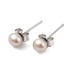 Thistle Natural Pearl Round Bead Stud Earrings, with Real Platinum Plated 925 Sterling Silver Findings, Thistle, 14x4~5mm