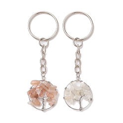 Sunstone Natural Moonstone and Natural Sunstone Keychains, with Iron Findings, Tree of Life, 8cm, 2pcs/set
