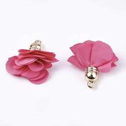 Hot Pink Cloth Pendants, with CCB Plastic, 6-Petal, Flower, Golden, Hot Pink, 26~27x17~28mm, Hole: 1.6mm