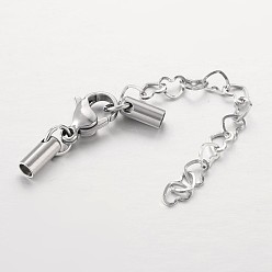 Stainless Steel Color 304 Stainless Steel Chain Extender, with Lobster Claw Clasps, Cord Ends and Heart Link Chain, Stainless Steel Color, 67mm, Hole: 2mm