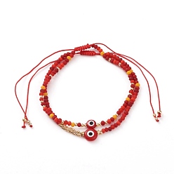 Red Adjustable Nylon Cord Braided Bead Bracelets Sets, with Evil Eye Lampwork Beads, FGB Glass Seed Beads, Frosted Glass Beads and Textured Brass Beads, Red, Inner Diameter: 2~4 inch(5.2~10.2cm), 2pcs/Set
