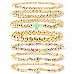 Светло-зеленый 7 шт. латунные круглые браслеты с бусинами для женщин, с пластиковыми крестообразными бусинами, золотые, светло-зеленый, 6.50 дюйм (16.5 см) ~ 6.89 дюйм (17.5 см)