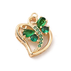 Fern Green Brass with K9 Glass Pendants, Golden Peach Hearts with Butterfly Charms, Fern Green, 18x14.8x5mm, Hole: 1.4mm