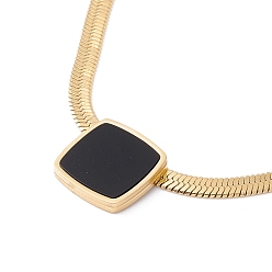 Golden Black Synthetic Shell Square Pendant Necklace with Herringbone Chains, Ion Plating(IP) 304 Stainless Steel Jewelry for Women, Golden, 15.94 inch(40.5cm)