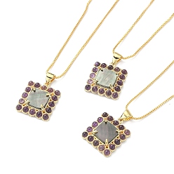 Amethyst Natural Amethyst & Shell Rectangle Pendant Necklace, Real 18K Gold Plated Brass Jewelry, 17.48~17.68 inch(44.4~44.9cm)