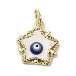 Bleu Nuit Pendentifs en coquille d'émail mauvais œil, Breloques étoiles en laiton avec anneaux ouverts, réel 18 k plaqué or, bleu minuit, 17x15x3.6mm, Trou: 3.7mm