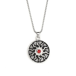 Antique Silver & Stainless Steel Color 201 Stainless Steel Chain,  Zinc Alloy Pendant Necklaces, Flat Round with Sun, Antique Silver & Stainless Steel Color, 22.24 inch(56.5cm)