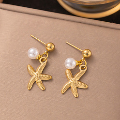 Золотой Богемный стиль 304 серьги-гвоздики из нержавеющей стали и пластика с имитацией жемчуга, морская звезда, золотые, 40 мм