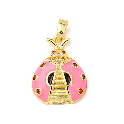 Ярко-Розовый Латунные подвески с микропаве из кубического циркония и эмали, коровка, стойки покрытие, долговечный, без свинца и без кадмия, реальный 18 k позолоченный, ярко-розовый, 20x15.5x5 мм, отверстие : 5x3 мм
