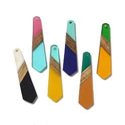 Mixed Color Opaque Resin & Walnut Wood Pendants, Hexagon Tie Charms, Mixed Color, 49x12x3mm, Hole: 2mm