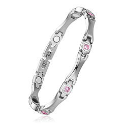Light Rose SHEGRACE Stainless Steel Panther Chain Watch Band Bracelets, with Rhinestone and Watch Band Clasps, Stainless Steel Color, Light Rose, 7-1/2 inch(19cm)