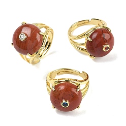 Красный Камень Открытые кольца манжеты из латуни с микропаве и кубическим цирконием, с естественной красной яшмой, круглые, стойки покрытие, долговечный, золотые, 18 мм