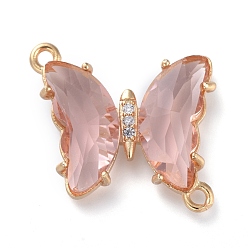 Misty Rose Glass Links Connectors, with Brass Micro Pave Cubic Zirconia, Faceted, Butterfly, Light Gold, Misty Rose, 20x20x4mm, Hole: 1.5mm