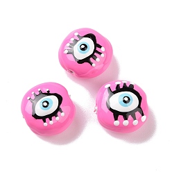 Deep Pink Enamel Beads, with ABS Plastic Imitation Pearl Inside, Oval with Evil Eye, Deep Pink, 13.5x13x7.5mm, Hole: 1mm