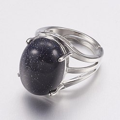 Blue Goldstone Synthetic Blue Goldstone Wide Band Finger Rings, with Brass Ring Findings, Oval, 18mm