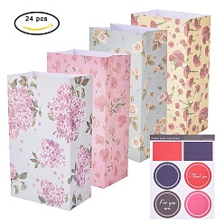 Mixed Color Flowers Floral Paper Gift Bag, Xmas Party Holiday Cookies Bag, with Sticker, Mixed Color, 23x13cm, 24pcs/set