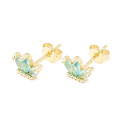 Cyan Brass Micro Pave Cubic Zirconia Stud Earring, Real 18K Gold Plated, Flower, Cyan, 6x8.5mm, Pin: 1mm