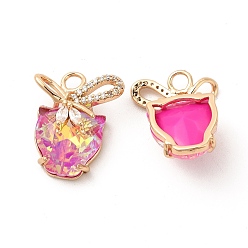 Rose Brass with K9 Glass Pendants,  Golden Cat with Bowknot Charms, Rose, 19.5x16x9mm, Hole: 2.5mm