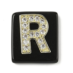 Letter R Природные подвески обсидиана, прямоугольные подвески с латунной микропаве прозрачной кубической циркониевой буквой, реальный 18 k позолоченный, долговечный, стойки покрытие, Буква R, 21x18x5 мм, отверстие : 1.4 мм