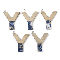Letter Y Кулоны из непрозрачной смолы и дерева, буквы, с платиновой петлей, Письмо Y, 37.5~45x11~53x6 мм, отверстие : 2 мм