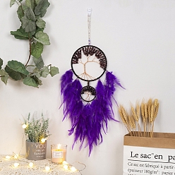 Purple Double Circle Tree of Life Natural Amethyst Chips Woven Web/Net with Feather Decorations, Home Decoration Ornament Festival Gift, Purple, 160mm